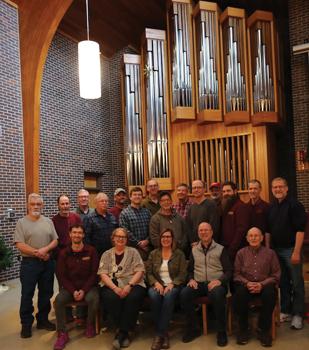 Dobson Pipe Organ Builders, Ltd., employees in front of Dobson Opus 13, Lake City Union Church, Lake City, Iowa