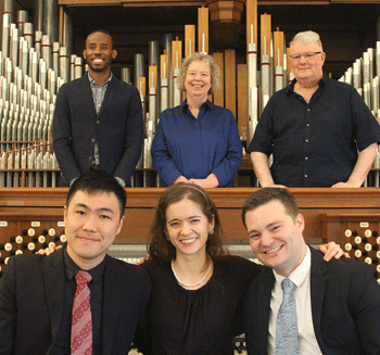 Front row, finalists: Theodore Cheng, Clara Gerdes Bartz, Tyler Boehmer; upper row, judges: Stephen Price, Catherine Rodland, Steven Egler