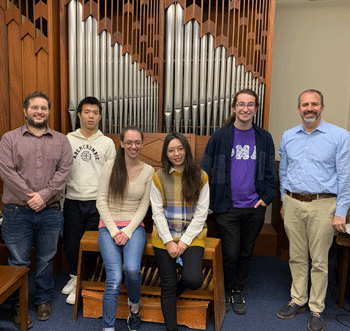 Igor Ferreira, Tongqing Liu, Katherine Roberts, Yuanyuan Liu, Luke Ashworth, and Scott Lamlein in front of the 1986 Wolff studio organ at the Hartt School