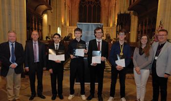 Jury and prize winners in the senior category of the Northern Ireland International Organ Competition 2024: David Hill, Thomas Trotter, Daniel Colano, Jan Liebermann, Eben Eyers, Adam Suk, Anna-Victoria Baltrusch, and Richard Yarr (chair of NIIOC) (photo credit: Liam McArdle)