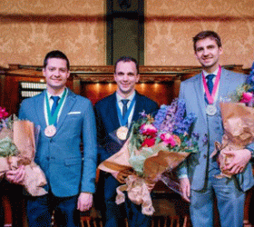 Top finalists in the Longwood Gardens International Organ Competition: Ádám Tabajdi, Bryan Anderson, and Colin MacKnight 
