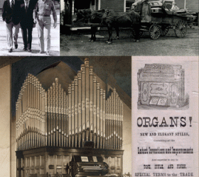 Family: Bruce, John, and Paul (third generation), c. 1970; Horse-drawn wagon of pipes, c. 1916; Saint Paul Reformed Church, Butler, Pennsylvania, 1903; Ohio Beauty Reed organ advertisement, c. 1878