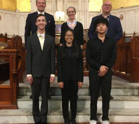 Bottom row: 2022 Arthur Poister Scholarship Competition in Organ Playing final round contestants, Nicholas Stigall, Anne Maria Lim, Bruce Xu. Top row, judges, David Enlow, Erica Johnson, Michael Unger