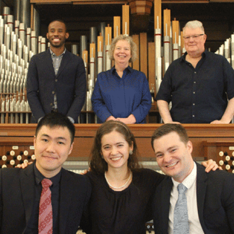 Front row, finalists: Theodore Cheng, Clara Gerdes Bartz, Tyler Boehmer; upper row, judges: Stephen Price, Catherine Rodland, Steven Egler