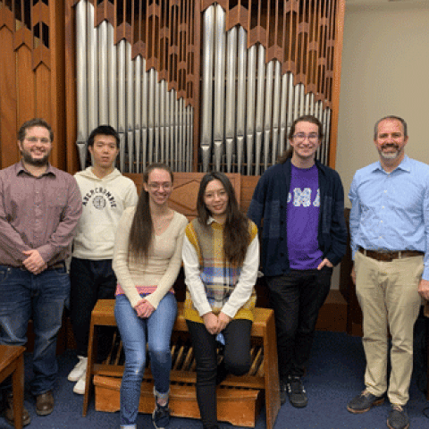 Igor Ferreira, Tongqing Liu, Katherine Roberts, Yuanyuan Liu, Luke Ashworth, and Scott Lamlein in front of the 1986 Wolff studio organ at the Hartt School