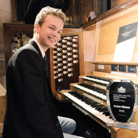 Ivan-Bogdan Reinecke, winner of the Northern Ireland International Organ Competition 2019, at the console of the organ in St. Patrick’s Church of Ireland Cathedral, Armagh (photo credit: Liam McArdle)