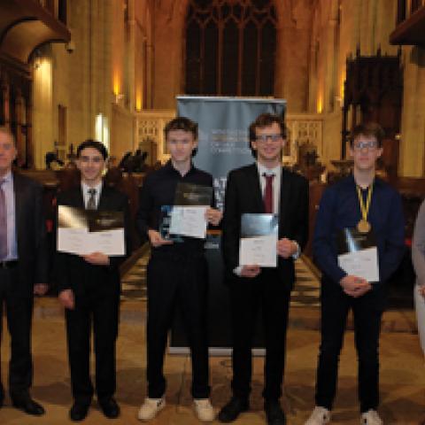 Jury and prize winners in the senior category of the Northern Ireland International Organ Competition 2024: David Hill, Thomas Trotter, Daniel Colano, Jan Liebermann, Eben Eyers, Adam Suk, Anna-Victoria Baltrusch, and Richard Yarr (chair of NIIOC) (photo credit: Liam McArdle)