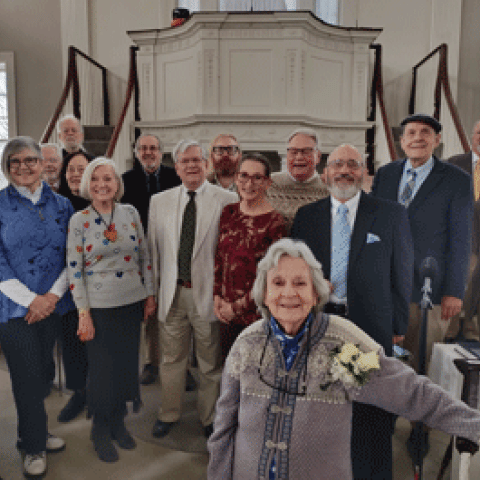 Foreground; Barbra Owen. First row: Dana Robinson, Louise Mundinger, Linda Lu Burciaga, Stephen Pinel, Susan Tattershall, Matthew Bellocchio, Thomas Murray, Robert Cornell. Second row: Frederick MacArthur, Michael Barone in rear, Rosalind Mohnsen, Rev. Harold Babcock, Justin Murphy-Mancini, Wayne Leopold, Peter Krasinski.  Not pictured: Jay Lane