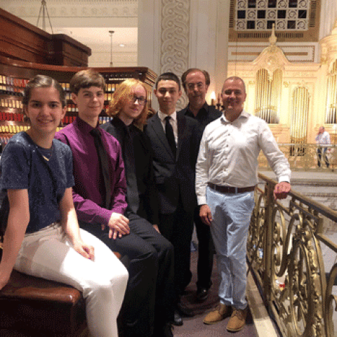 Philadelphia Young Artists Organ Camp participants: Emily Amos, Michael Gibson, Alexander Leonardi, Dominic Fiacco, Peter Richard Conte, and Alan Morrison