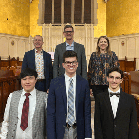 Top row: Alan Morrison, Timothy Olsen, Amanda Mole, judges; bottom row: Theodore Cheng, Marshall Joos, Daniel Colaner